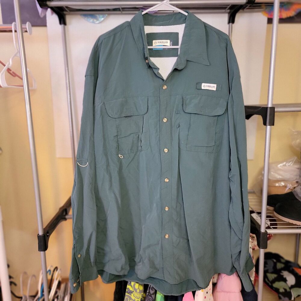 Magellan Fish Gear Mag Wick Long Sleeve Full Button Dark Green - Size 4XL